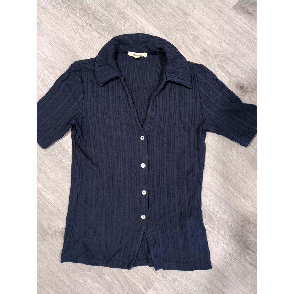 Madewell Women's Navy Blue Ribbed Xs Top Stretch Fabric